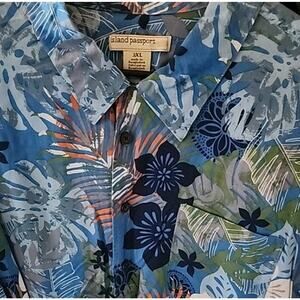 Island Passport Mens Hawaiian Shirt Blue White Green Orange Floral Size 3XL EUC